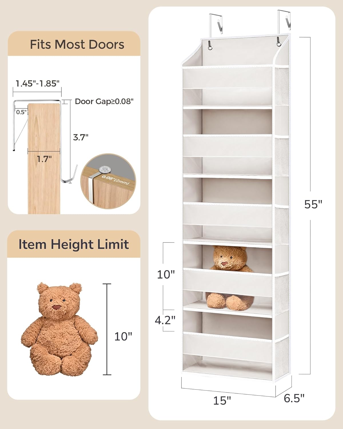 ULG 1 Pack Over Door Organizer with 5 Large and 10 Mesh Side Pockets, 44 lbs Weight Capacity Hanging Storage with Clear Window Kids Toys, Shoes, Diapers, Dark Grey, 5 Layers