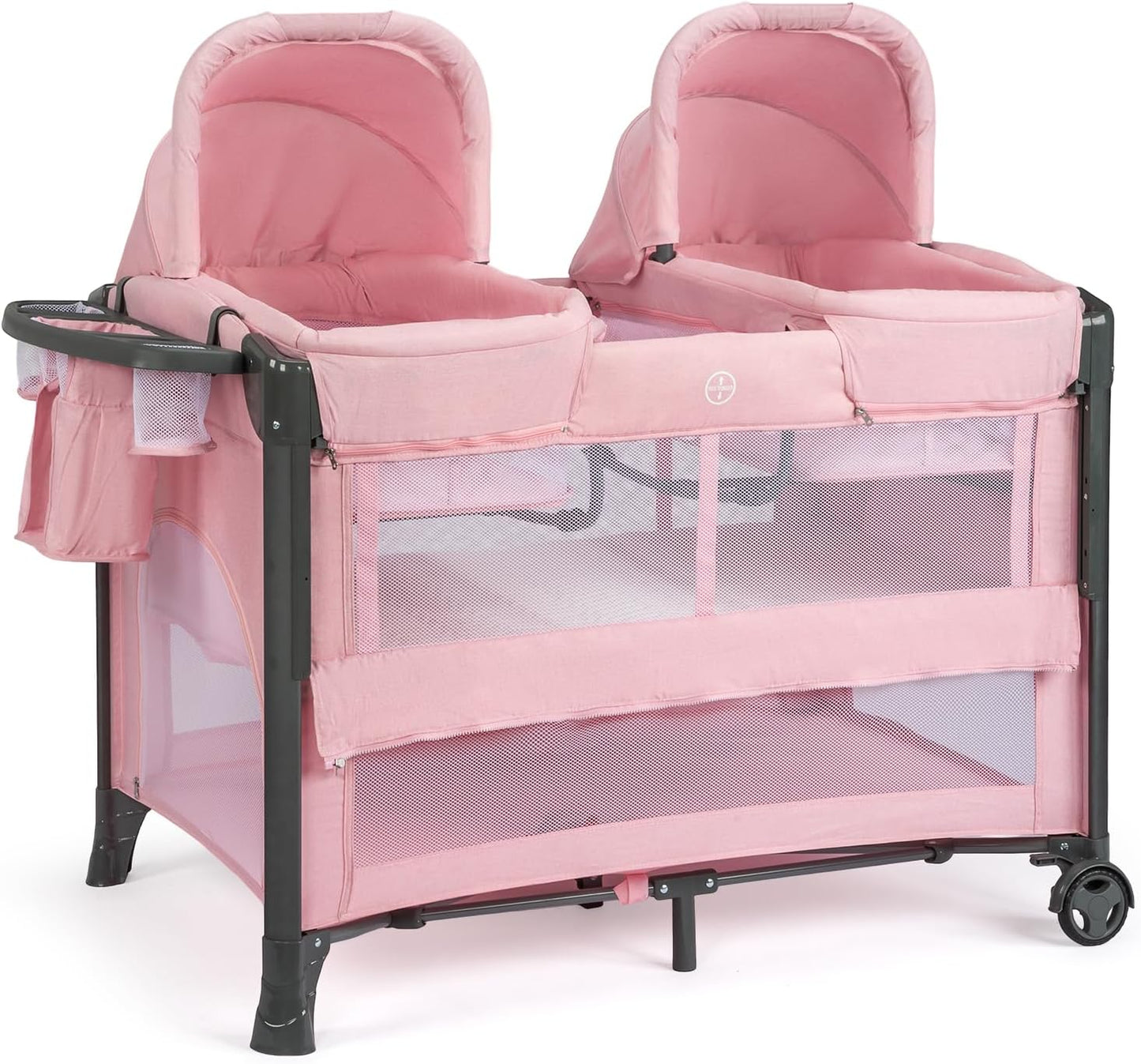 JOYMOR Twin Bassinet for Baby, Beige Bedside Bassinet, Convertible to Bedside Sleeper and Playpen, with Wheel, Brake, Foldable Side Sleeper,Beige