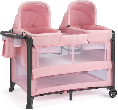JOYMOR Twin Bassinet for Baby, Beige Bedside Bassinet, Convertible to Bedside Sleeper and Playpen, with Wheel, Brake, Foldable Side Sleeper,Beige