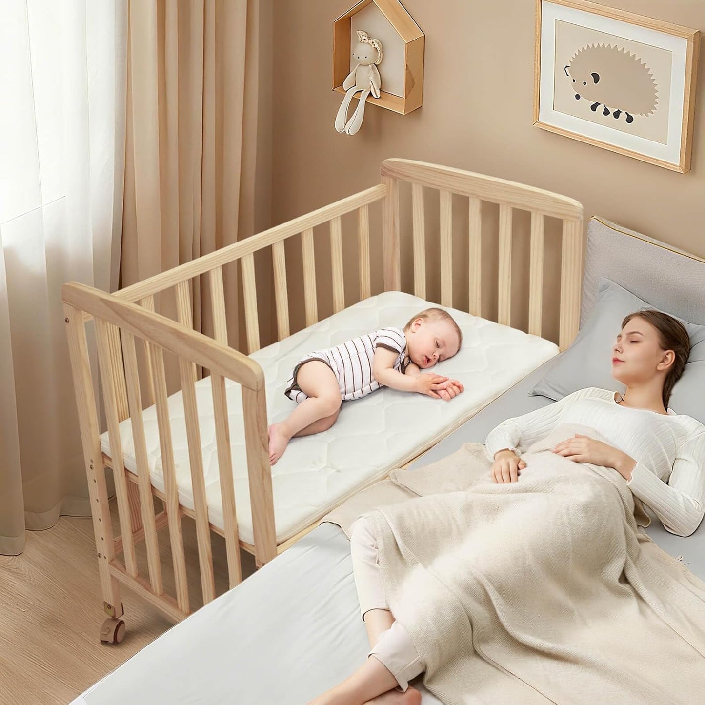 Flwrgirl Baby Bassinets Bedside Sleeper - Portable Pine Wood Bedside Bassinet with Mattress,3 Heights Small Mini Crib,Baby Crib for Newborns,Unpainted | Pine Wood Bassinet, Mattress Included, 3-IN-1 Convertible, Adjustable Height, Locking Wheels, Portalbe
