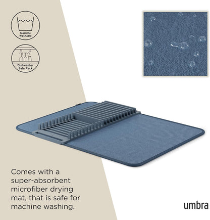 Umbra Udry Dish Rack and Microfiber Drying Mat – Space-Saving Design Folds Up for Easy Storage, Mini Rack, Gray