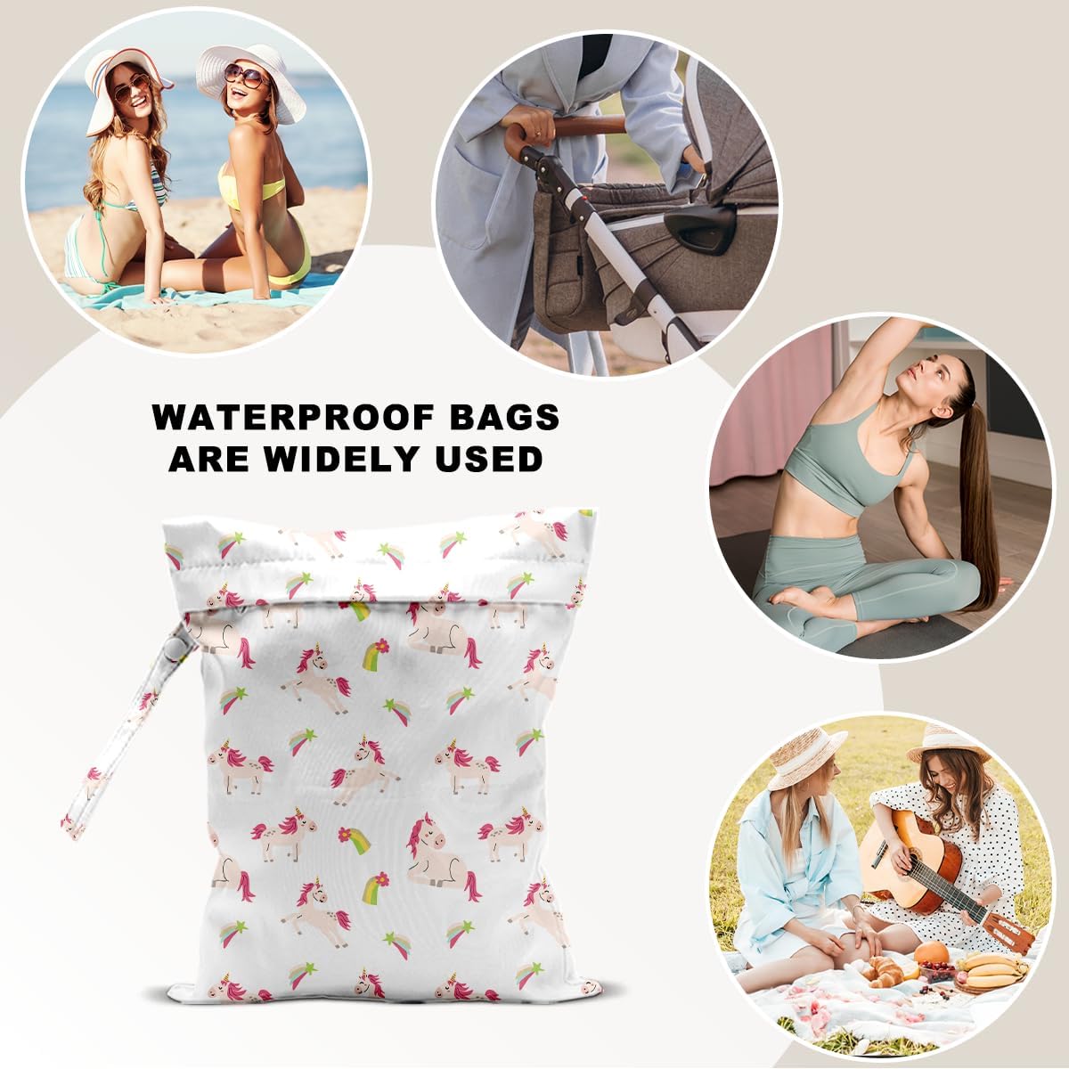 Unicorn Wet Dry Bag 12x10 Inch, Waterproof Reusable Wet Bag with Two Zippered Pockets & Handle for Swimsuit Travel Beach Pool Gym Stroller Dirty Yoga Gym Clothes Toiletries Daycare Organizer