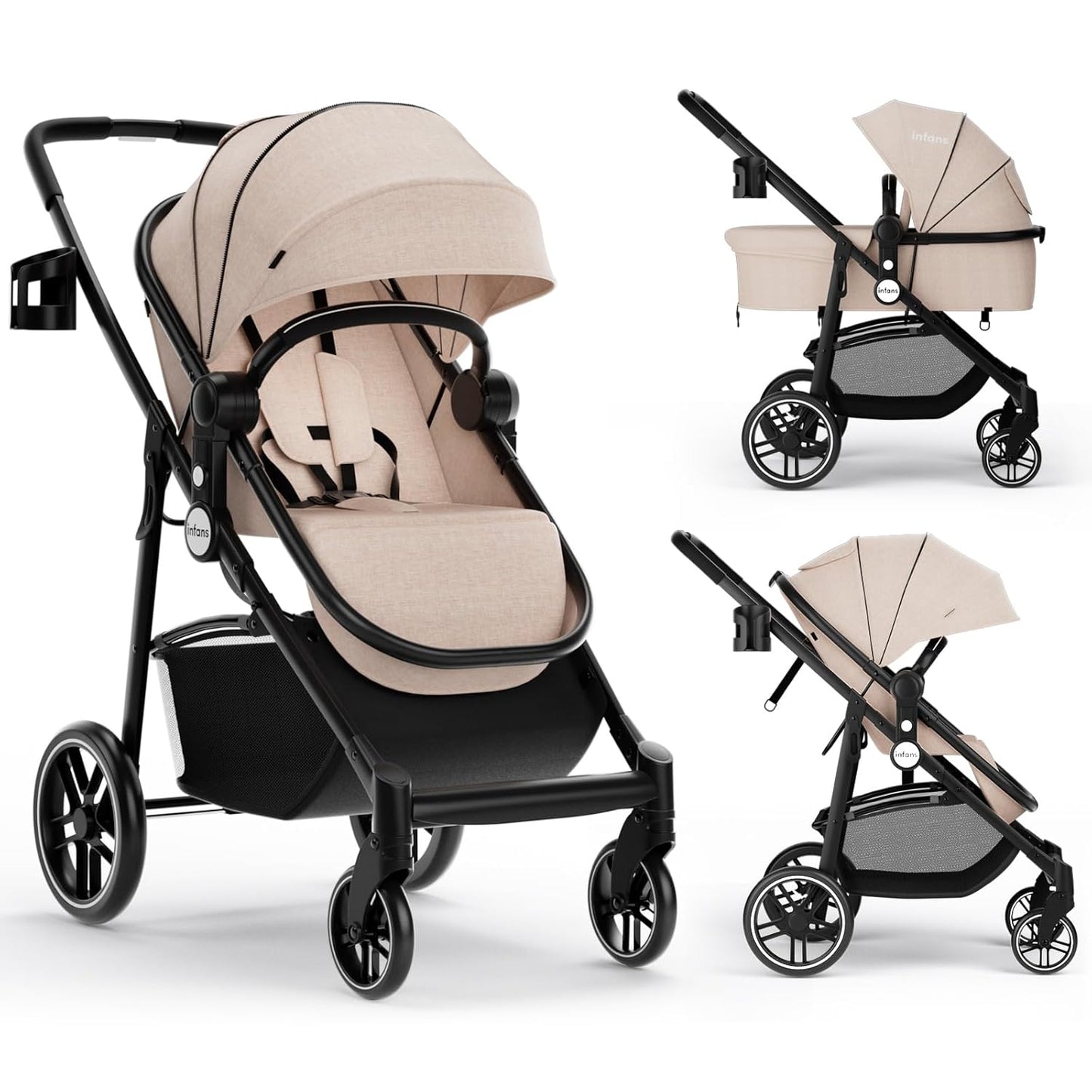 INFANS 2 in 1 Baby Stroller, High Landscape Infant Stroller & Reversible Bassinet Pram, Foldable Pushchair with Adjustable Canopy, Storage Basket, Cup Holder, Suspension Wheels (Black)