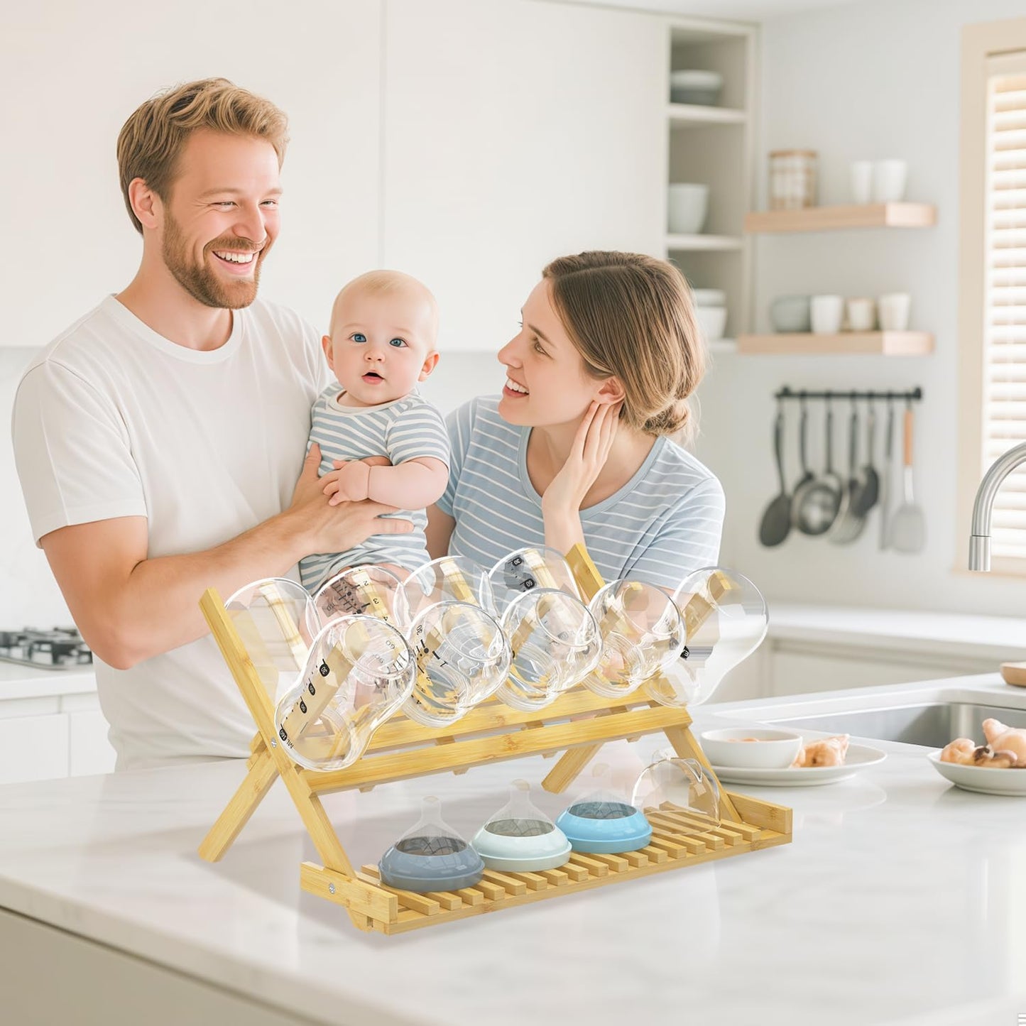 DSVENROLY Baby Bottle Drying Rack Foldable Vertical Bamboo Milk Bottle and Accessories Organizer for Busy Parents, Maximizes Space, Quick Drying, Easy Cleanup & Storage (Bamboo)