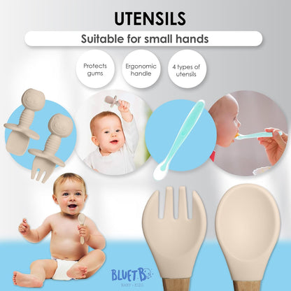 Bluet B- Silicone Baby Feeding Set with Pacifier - Baby Led Weaning Supplies - Baby Spoons, Suction Bowl - Plate - Baby Utensils Set - Silicone Feeding Set for Baby First Foods - 11pcs - Purple