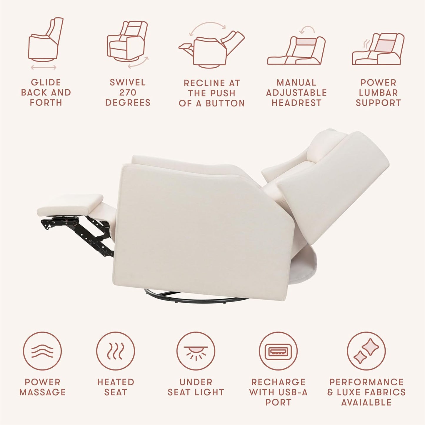 Babyletto Kiwi Deluxe Power Recliner and Swivel Glider with Heat and Massage in Almond Teddy Loop, Built-in USB Charging Port, Adjustable Headrest, Greenguard Gold, FSC and CertiPUR-US Certified