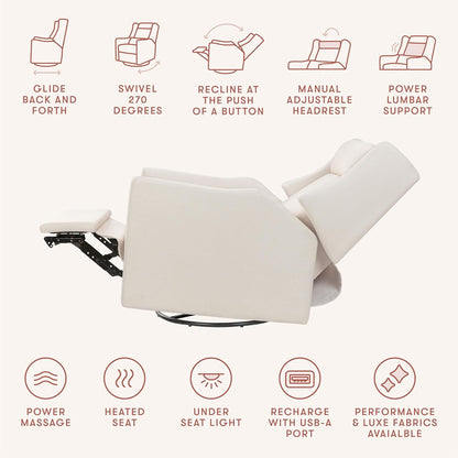 Babyletto Kiwi Deluxe Power Recliner and Swivel Glider with Heat and Massage in Almond Teddy Loop, Built-in USB Charging Port, Adjustable Headrest, Greenguard Gold, FSC and CertiPUR-US Certified