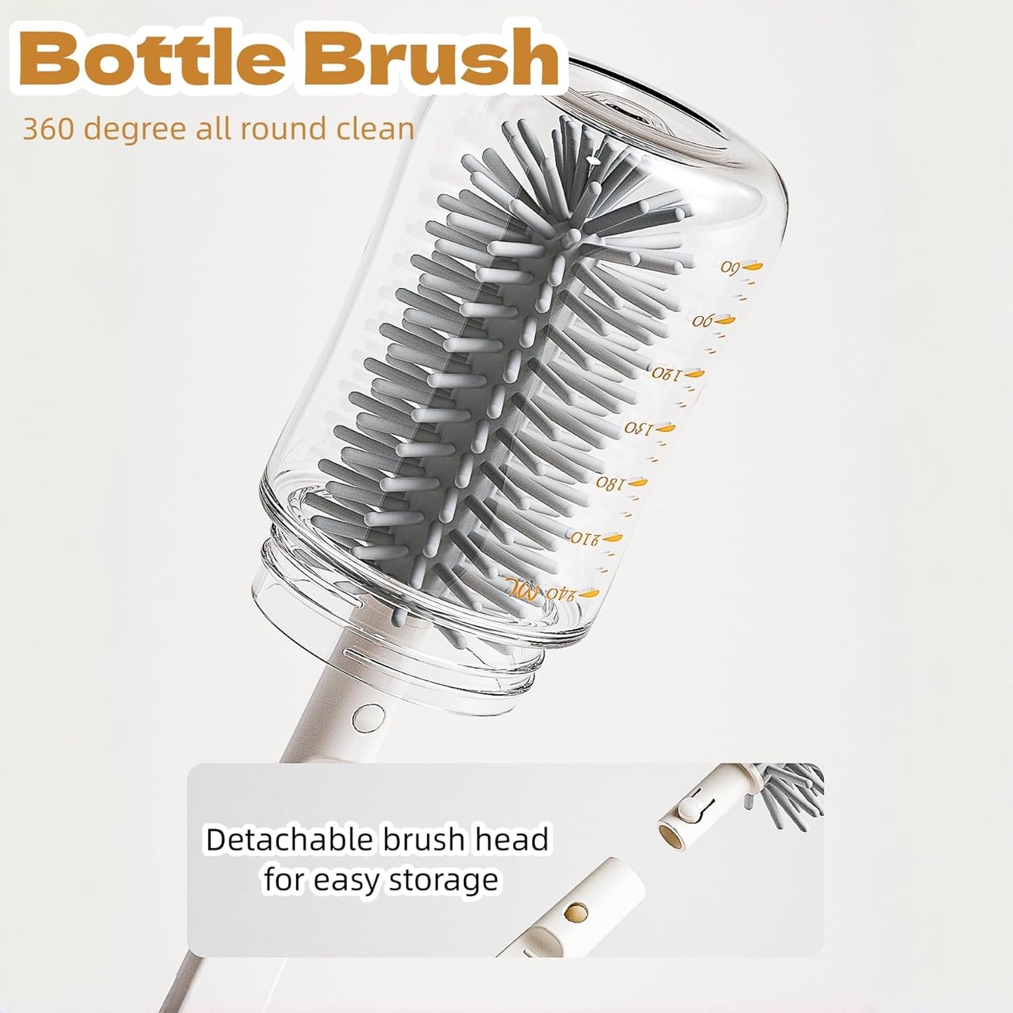 6-in-1 Baby Bottle Brush Set with Nipple Brush, Silicone Bottle Brush,Straw Brush, Soap Dispenser, Drying Rack, Portable Travel Cleaning Kit for Newborn Care with Baby Essential