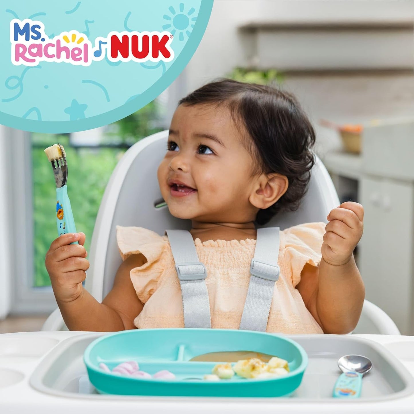 NUK Silicone Baby Tableware Bundle, Includes 1 Plate, 1 Bowl, 1 Cup, & 1 Spoon, Durable Suction Feature Helps Reduce Spills, Microwave-Safe, BPA-Free