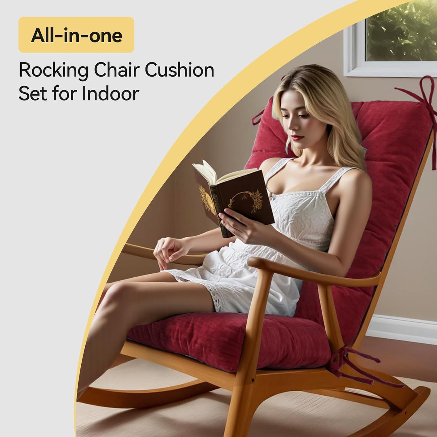 Millsilo Rocking Chair Cushions 3-Piece Set with Neck Pillow, Indoor Rocker Comfortable Tufted Non-Slip Pads with Ties, High-Density Foam Cushion for Adirondack Glider Chair, Orange, 52 x 19 x 4 Inch