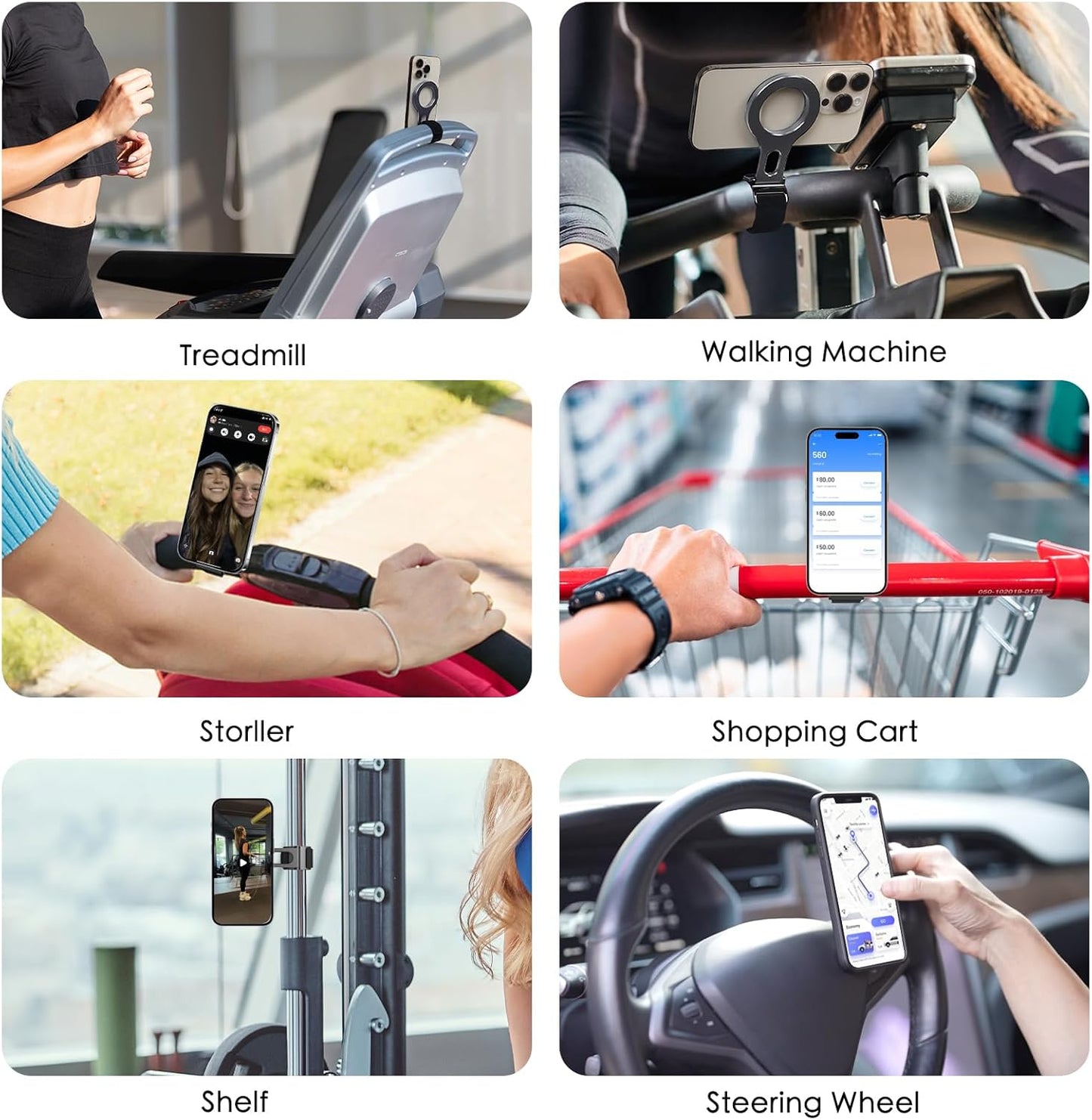 Magnetic Phone Holder for Stroller Bar, Compatible with MagSafe (Strong Magnet) - 180° Adjustable for Gym, Home Fitness Bikes, Shopping Cart, with Adjustable Strap, All Phone (Magnetic Ring Included)