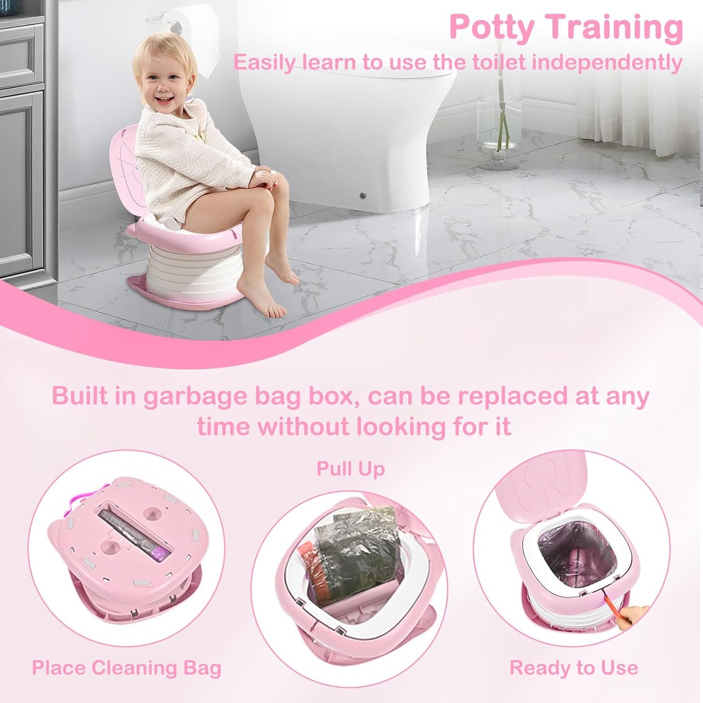 Portable Potty Chair for Toddlers with Splash-Proof Design, Foldable Travel Potty with Bag & 30 Refills - Kids Toilet for Car, Camping, Indoor - Easy Clean Baby Potty Training Seat(Red-blue)
