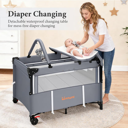 MTWML Portable Baby Bassinet,3 in1 Bedside Crib and Baby Playard & Changing Table with Wheel,1-Second Setup Foldable Playpen with Travel Bag Mosquito Net for Newborn Toddler (DeepGrey)