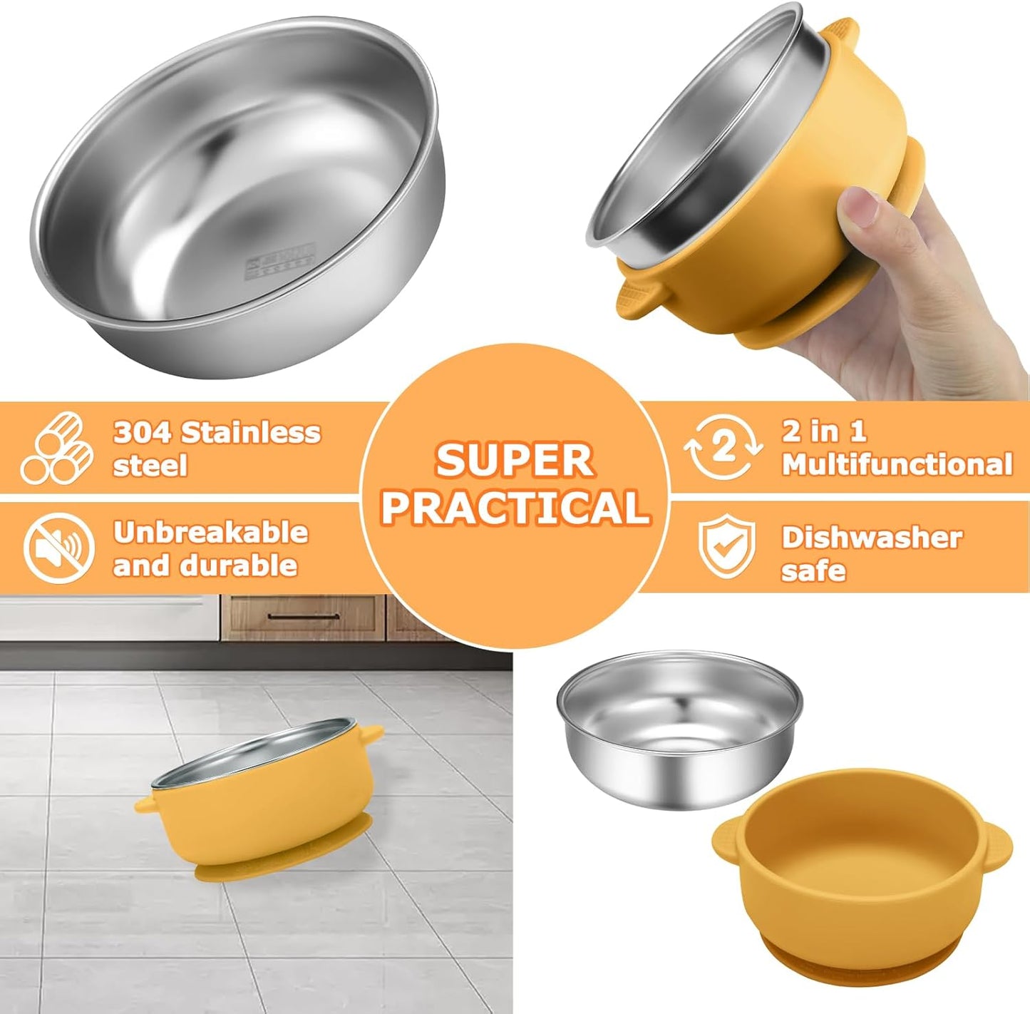 2 Pack Stainless Steel Baby Bowls with Removable Non-Slip Silicone Suction Shell and Lids, Anti Scald Food Container for Baby Food Feeding-Gray & Cream