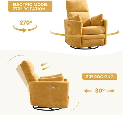 Power Recliner,Nursery Swivel Glider Rocking Chair with USB Port,Upholstered Adult Electric Recliner Rocking Chair with 2 Pillows for Living Room Bedroom (Beige Corduroy, Power-Driven)