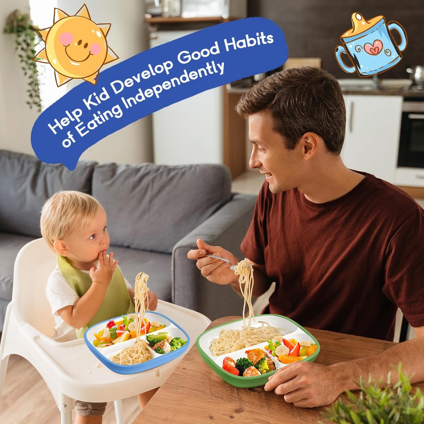 Domensi Kids Porcelain Plates with Silicone Sleeves 8.2 Inch Divided Porcelain Plate Toddler White Suction Dishes for Baby Troubleless Eating Microwave Dishwasher Safe(Stylish,3 Set)