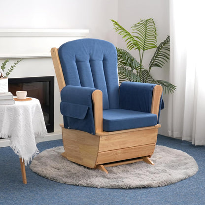 Glider Rocking Chair with Ottoman Set, Solid Wood Nursery Glider Rocker with Padded Cushion, High Back Upholstered Swivel Glider for Living Room, Nursing, Reading, 280LBS Weight Capacity,Oak+Khaki