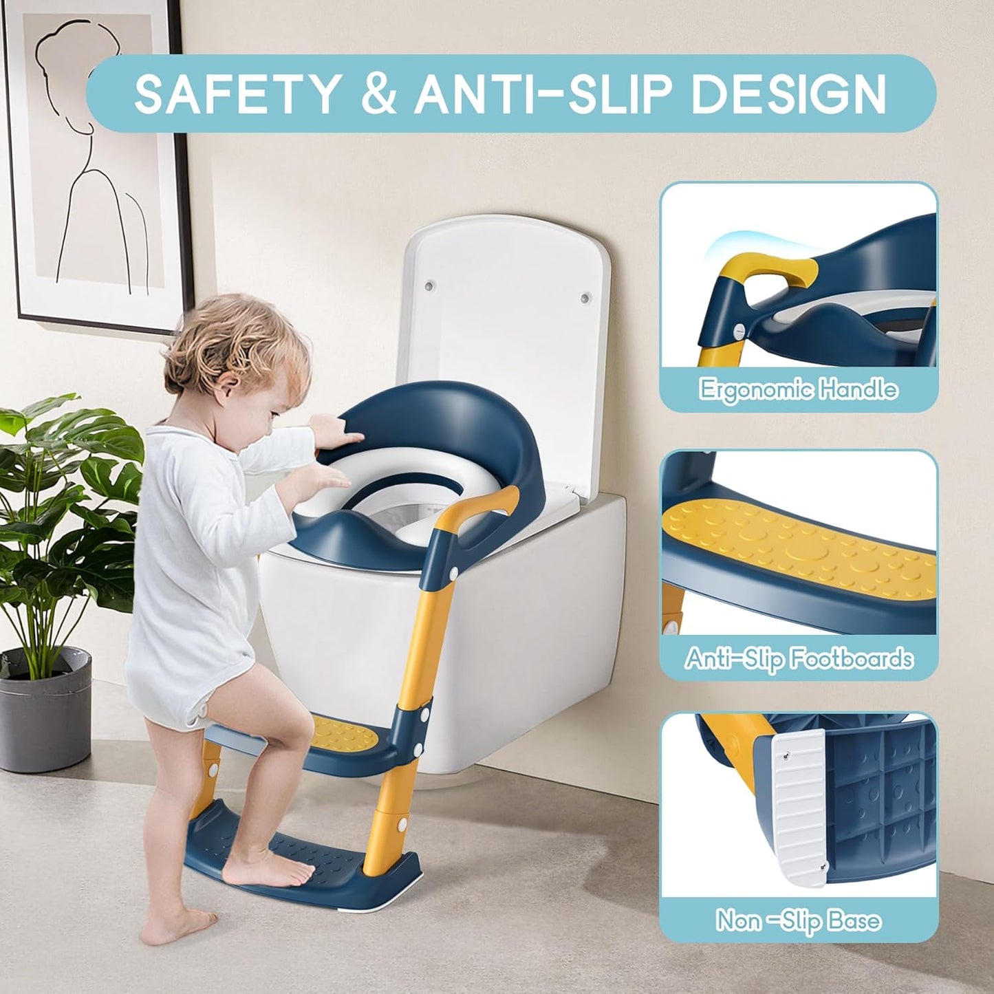 COOSEYA Potty Training Toilet with Step Stool Ladder, Toddler Kids Potty Training Seat for Boys Girls, Foldable Anti-Slip Toilet Toddler Seat Splash Guard Soft Cushion Safety Handles (Grey)