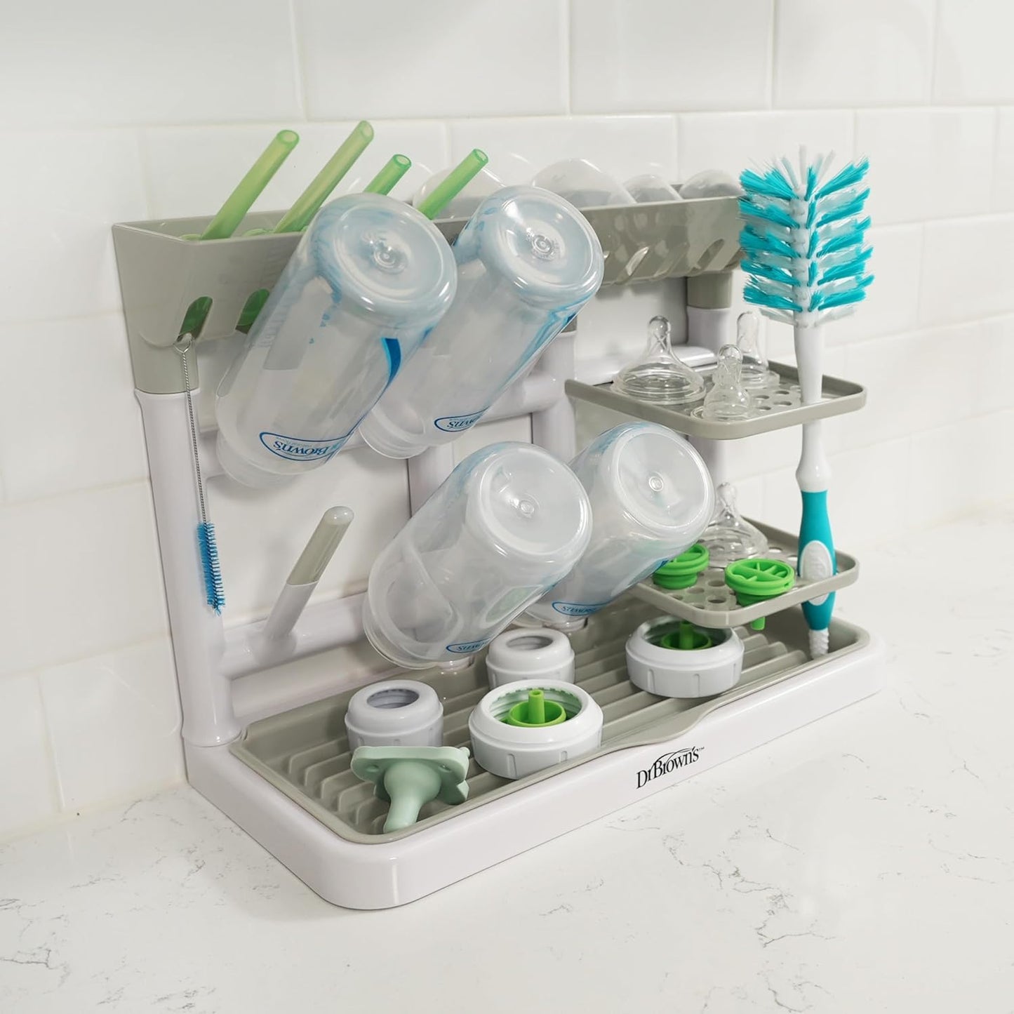Dr. Brown's Baby Bottle Drying Tower, Stand-Up Countertop Drying Rack with Organized Storage for Baby Essentials, Space Saving Vertical Rack, Gray/White