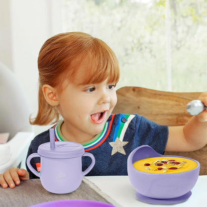 100% Silicone Baby Feeding Set, BPA Free Baby Dishes with Suction Bowl, Divided Plate, Toddler Self Feeding Dish Set with Spoons, Forks, Sippy Cup and Bib, Baby Eating Utensils (Navy Blue)