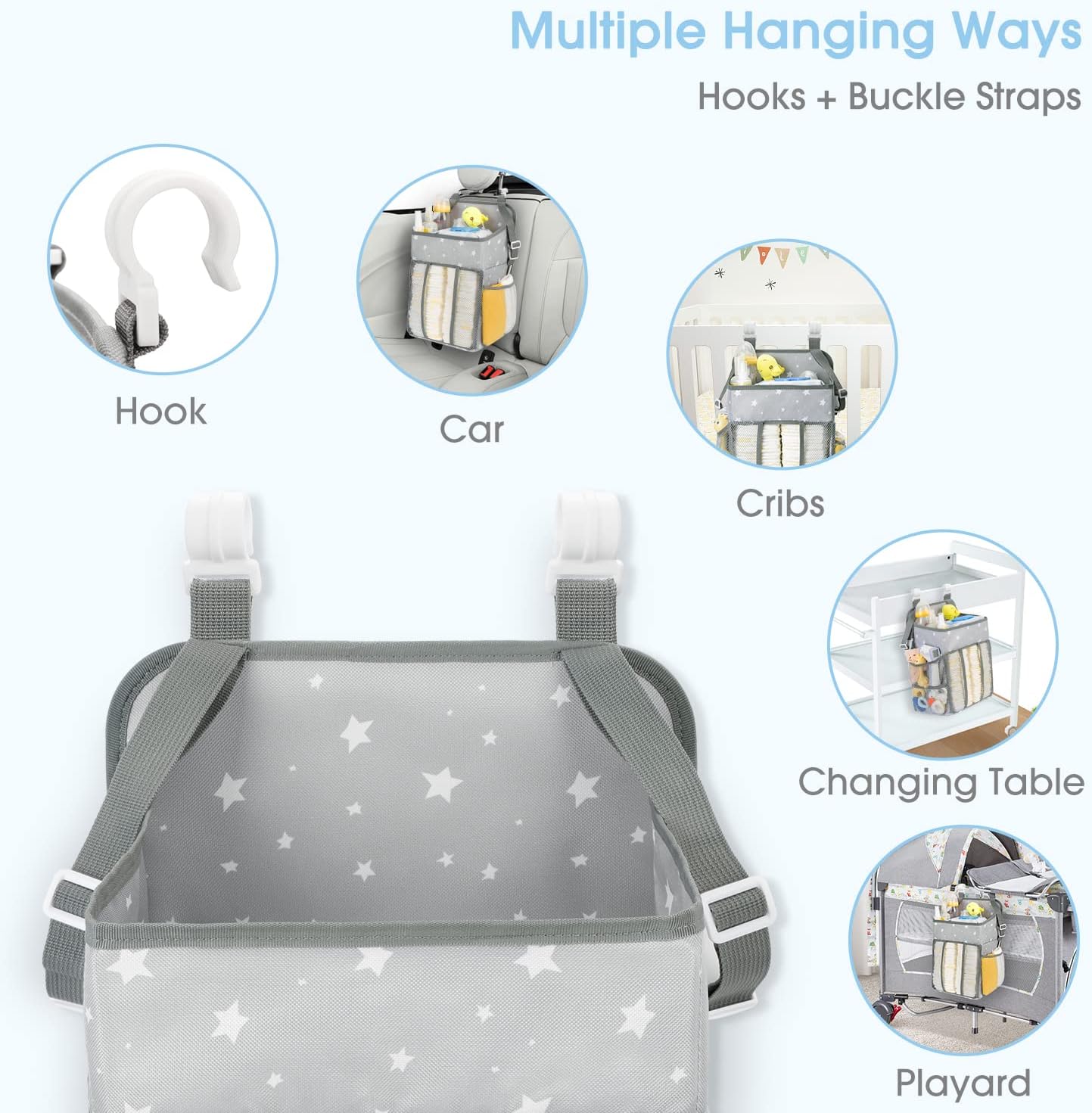 Maliton Changing Table Diaper Organizer - Baby Hanging Diaper Stacker Nursery Caddy Organizer for Cribs Playard Baby Essentials Storage (Gray)