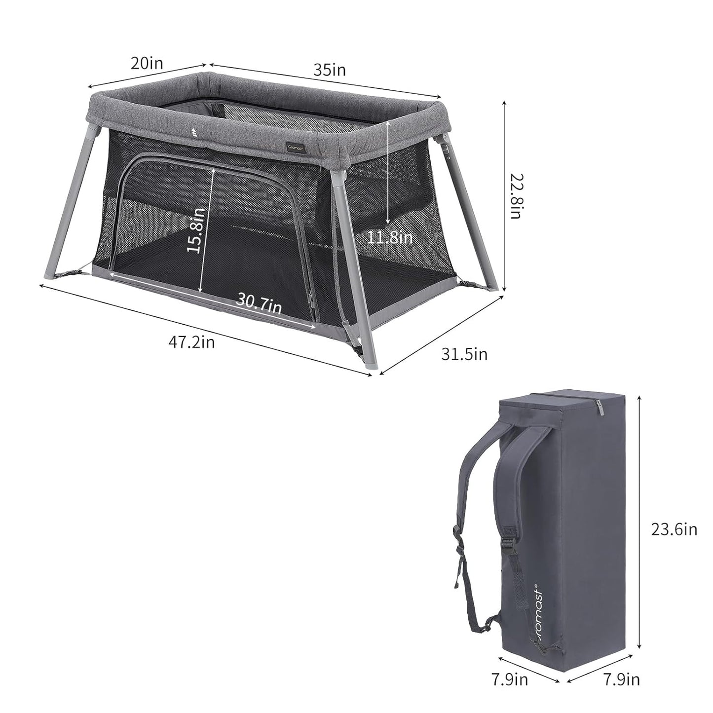 Gromast 2 in 1 Portable Travel Crib for Toddler, Foldable Crib for Baby, Lightweight Playpen Collapsible Playard with Soft Mattress, Easy to Carry Baby Travel Bed for Outdoor, Indoor (Grey)