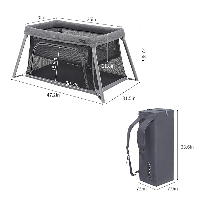 Gromast 2 in 1 Portable Travel Crib for Toddler, Foldable Crib for Baby, Lightweight Playpen Collapsible Playard with Soft Mattress, Easy to Carry Baby Travel Bed for Outdoor, Indoor (Grey)