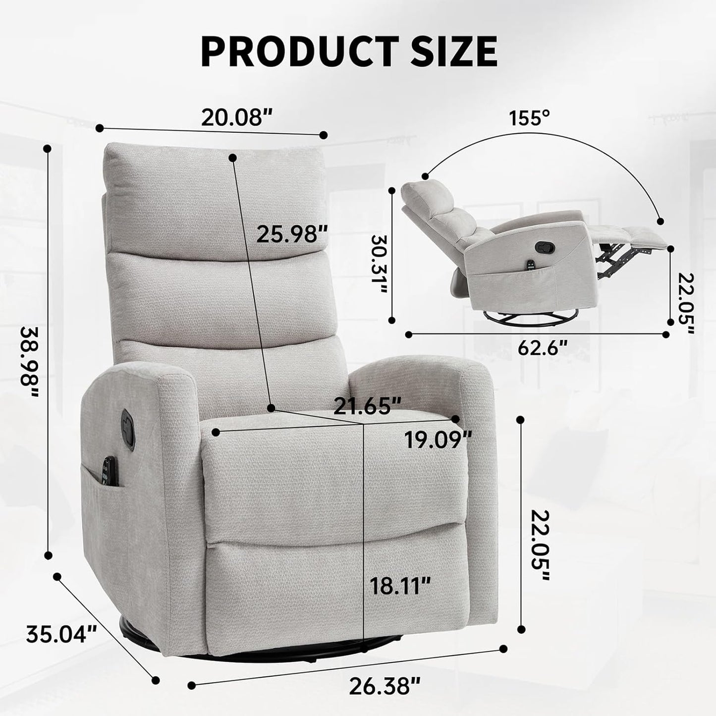 Massage Chair Recliner with Heat, Swivel Rocking Chair Recliner with High Back, Manual Nursery Recliners for Adults,Small Recliner Chair for Small Spaces, Living Room Bedroom, Fabric (Blue Green)