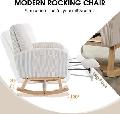 NIOIIKIT Nursery Rocking Chair, Corduroy Upholstered Rocking Chair with Adjustable Footrest, Tufted Rocker Chair with Side Pocket, Glider Rocker for Living Room, Bedroom (Cream Retro)