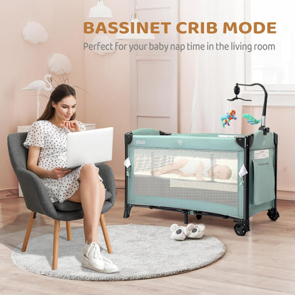 JOYMOR Baby Bassinet, Pack and Play with Bassinet and Carry Bag, Convert to Bedside Sleeper with Wheels for Boys Girls (Green)