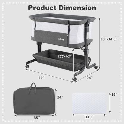 INFANS 3 in 1 Baby Bassinet, Bedside Sleeper with Comfy Mattress, Wheels, 6 Height Adjustable, Storage Basket, Travel Bag, Portable All Mesh Crib for Newborn Infant (Dark Grey)