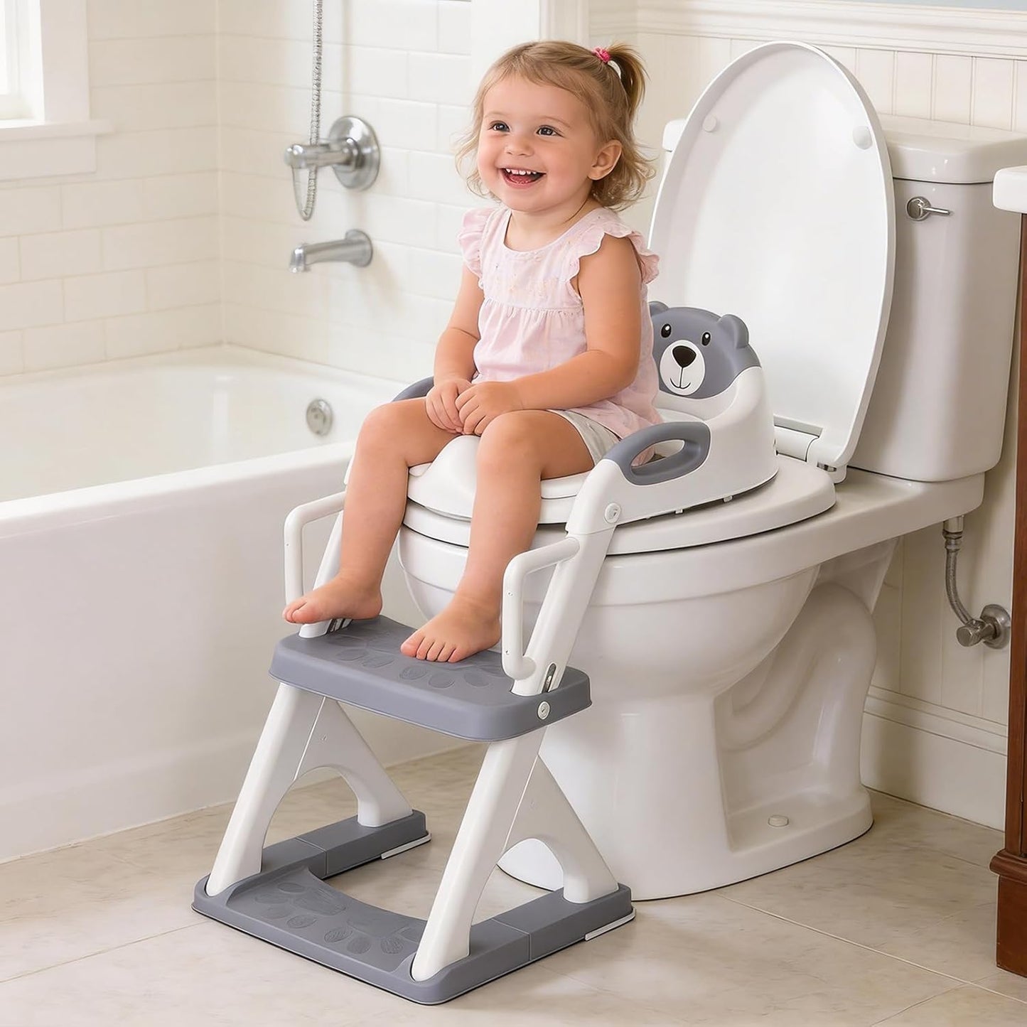Potty Training Seat, SKYROKU Upgrade Toddler Toilet Seat for Kids Boys Girls, 2 in 1 Potty Training Toilet, Splash Guard Anti-Slip Pad Step Stool,New Sector-Shape Stabilized Base (8899+Grey)