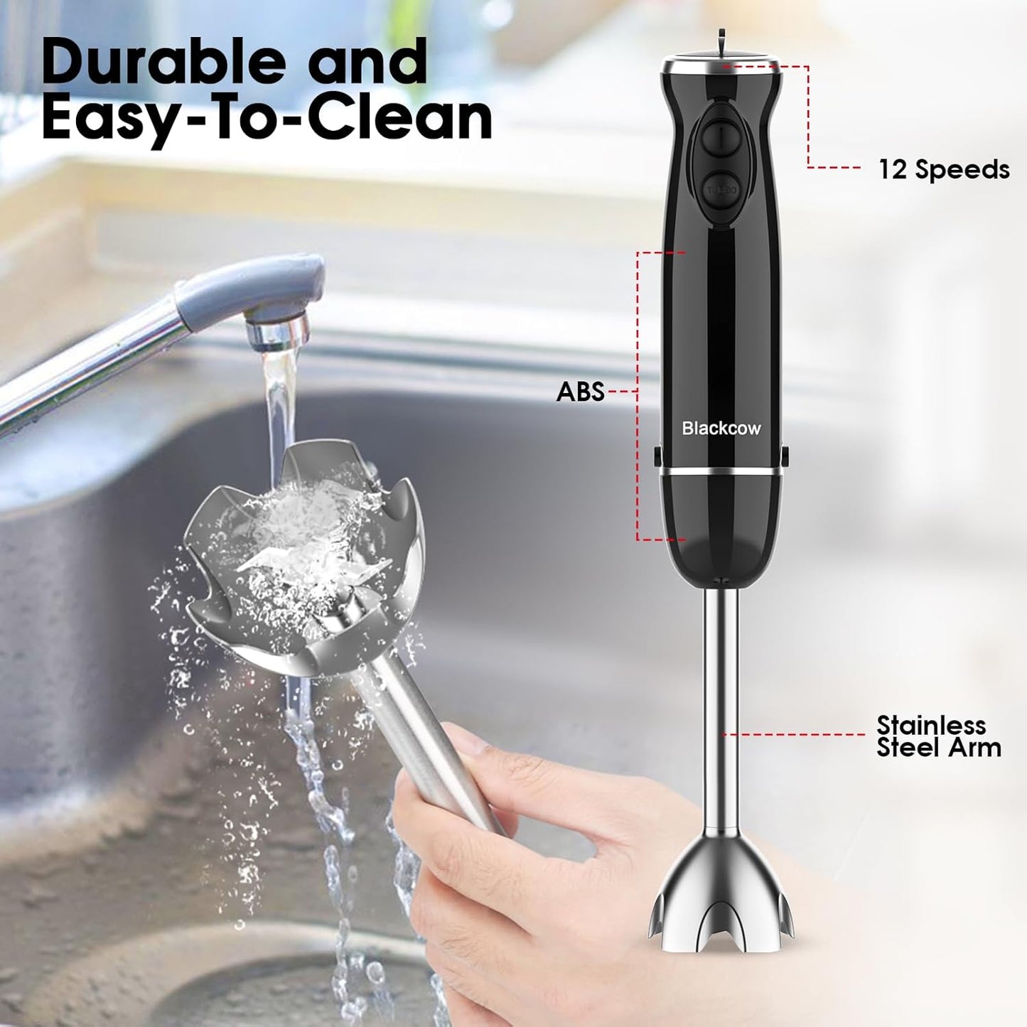 Blackcow Immersion Blender Handheld, 800W Powerful Electric Hand Blender with Titanium Alloy Blades, 12 Speeds & Turbo, Electric Hand Mixer for Smoothies, Soups, Baby Food and Purees