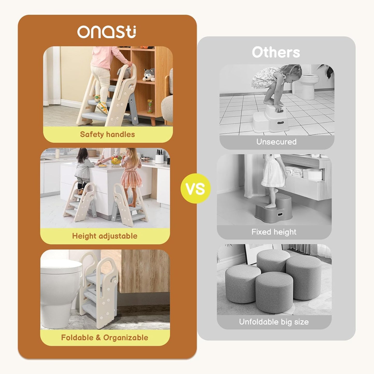 Onasti Foldable Toddler Step Stool for Bathroom Sink, Adjustable 3 Step Stool for Kids Toilet Potty Training Stool with Handles, Child Kitchen Counter Stool Helper, Plastic Ladder for Toddlers Pink