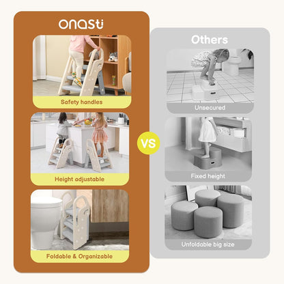 Onasti Foldable Toddler Step Stool for Bathroom Sink, Adjustable 3 Step Stool for Kids Toilet Potty Training Stool with Handles, Child Kitchen Counter Stool Helper, Plastic Ladder for Toddlers Pink