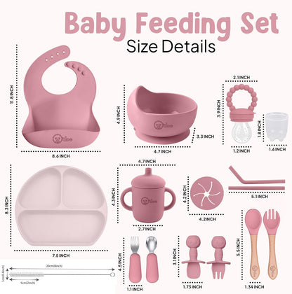O'doe 17-Piece BPA-Free Silicone Baby Feeding Set | Thick & Soft Suction Plates, Baby Bowls, Wooden Fork & Spoon, and More | Make Mealtime Fun and Easy for Your Little One (Purple, V2)