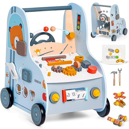 Giant bean 11-in-1 Wooden Baby Push Walker with Activity Center – Car Traffic Theme Shape Sorter Tool Bench, Steering Wheel Gears, Montessori Toy Gift for Toddler 1-3, Walking Toy Speed Adjustable