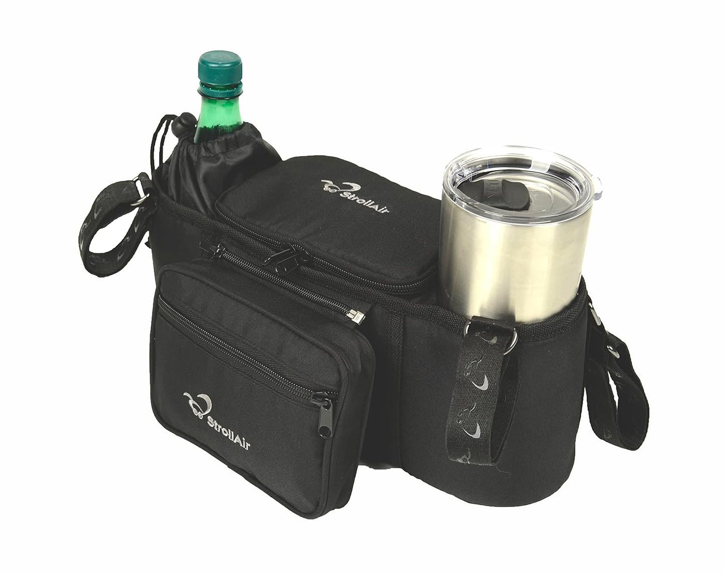 StrollAir Universal Stroller Organizer with Insulated Cup Holder, Stroller Caddy Compatible with Cosmos, Solo, Nuna, Baby Jogger, Bumbleride, Uppababy, Parent Drink Holder Stroller Accessories (Black)