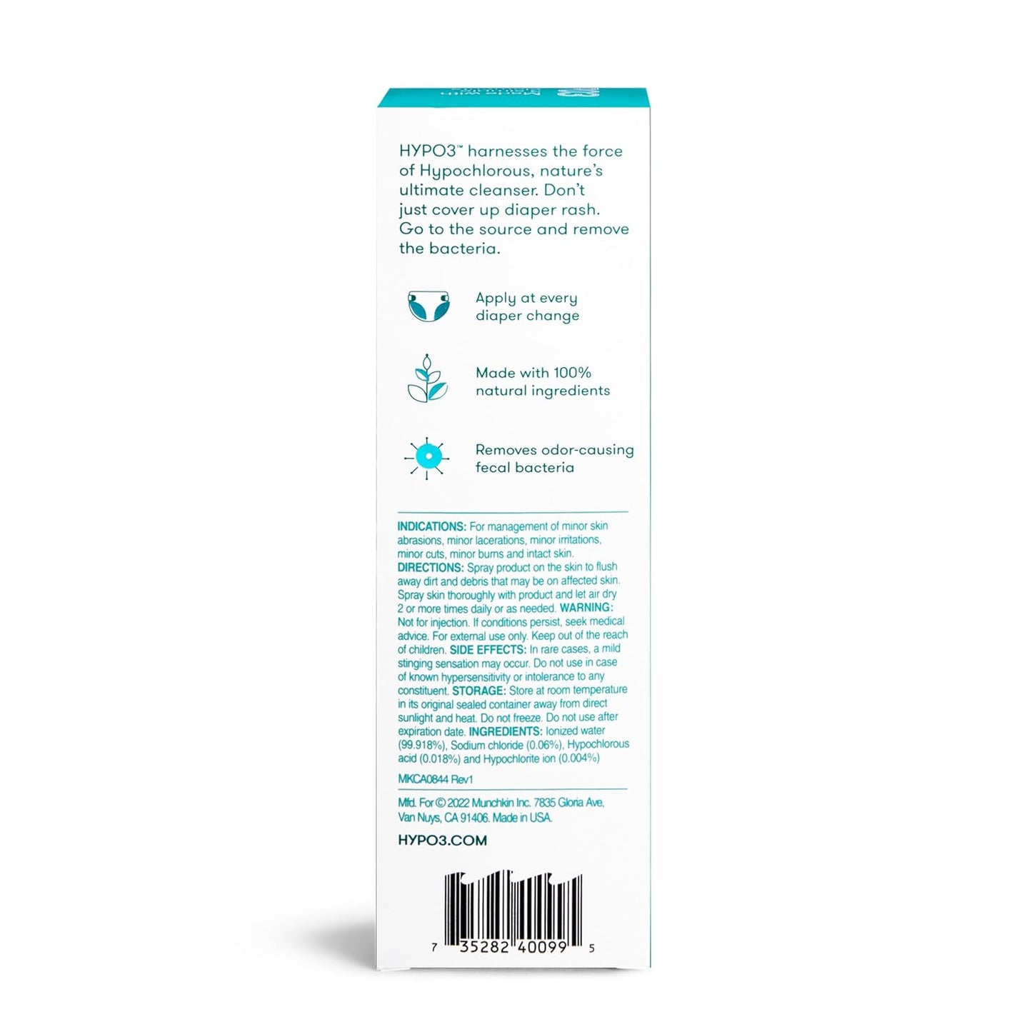 Munchkin HYP03 Diaper Rash Hypochlorous Acid Spray for Face and Body, Removes Rash-Causing Germs, Helps Promote Healing, Gentle for Sensitive & Eczema-Prone Skin, 3.4 Ounce