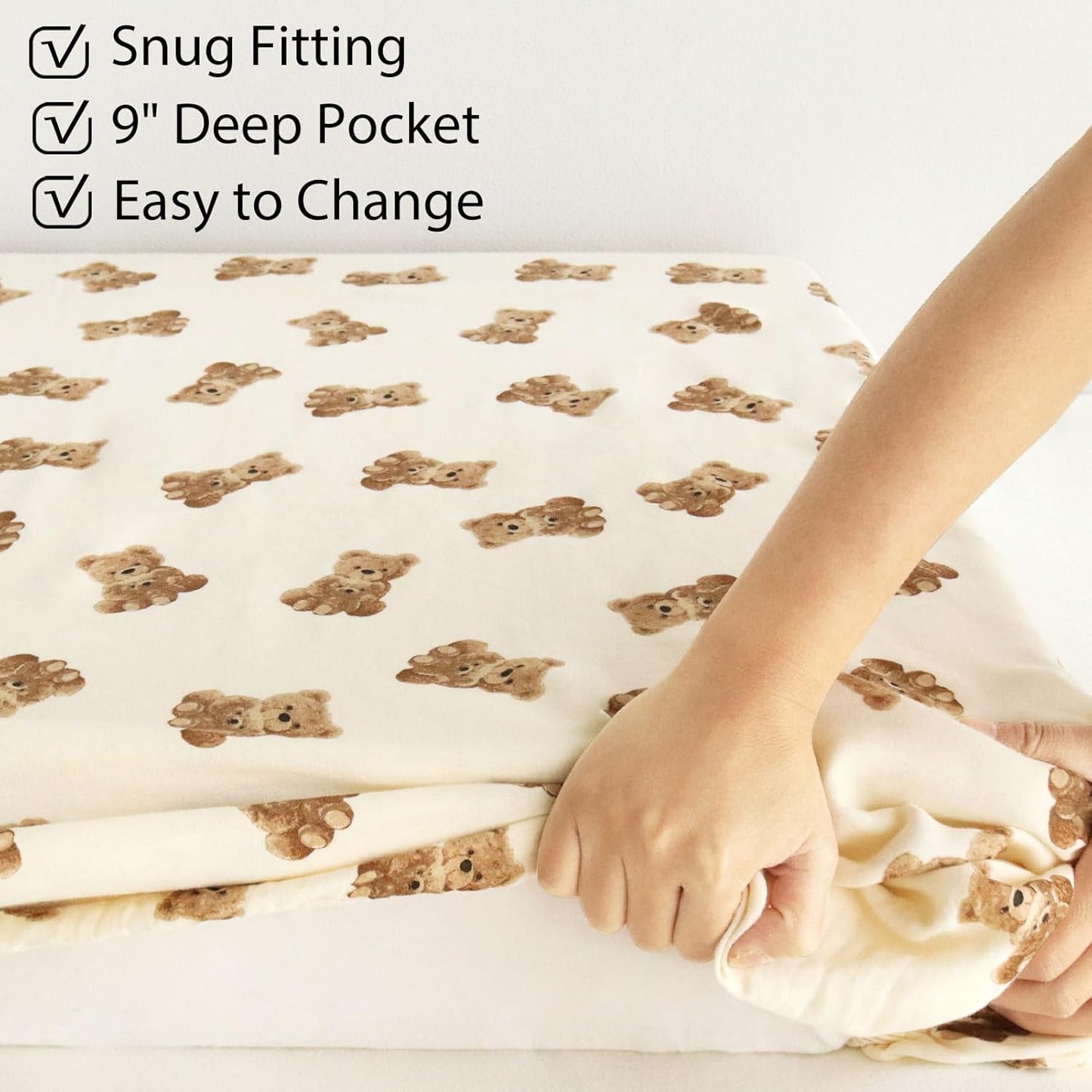 LifeTree Crib Sheets for Baby Unisex - Muslin Fitted Crib Sheets Toddler Bed Sheet, 70% Viscose from Bamboo and 30% Cotton, Fits Mini Crib & Pack and Play Playard, Bear, 26in x 38in