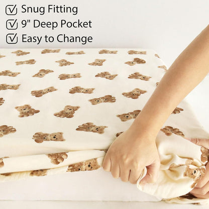 LifeTree Crib Sheets for Baby Unisex - Muslin Fitted Crib Sheets Toddler Bed Sheet, 70% Viscose from Bamboo and 30% Cotton, Fits Mini Crib & Pack and Play Playard, Bear, 26in x 38in