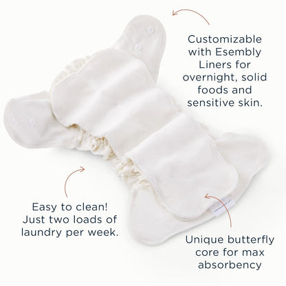 Esembly Cloth Diaper Inner - Organic Cotton Fitted Diaper- Soft, Ultra-Absorbant, Trim-Fitting Layer to Pair with Waterproof Outer for Blowout-Proof Diapering - 3-Pack, Size 1 (7-17lbs)
