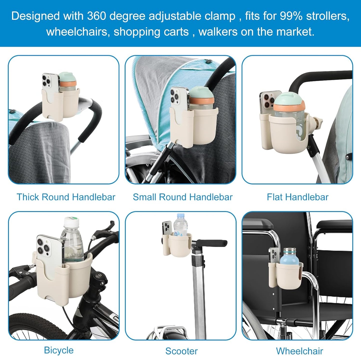 Accmor Stroller Cup Holder with Phone Holder, Bike Cup Holder, Universal Cup Holder for Uppababy Nuna Doona Strollers, 2-in-1 Cup Phone Holder for Stroller Bike Accessory