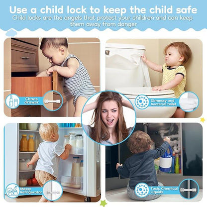 24-Pack Cabinet Locks Baby Proofing - Syican Child Proof Drawer Locks, Multi-Purpose for Drawers, Fridge, Toilet Seat, Trash Can, Ideal Stocking Stuffers, White