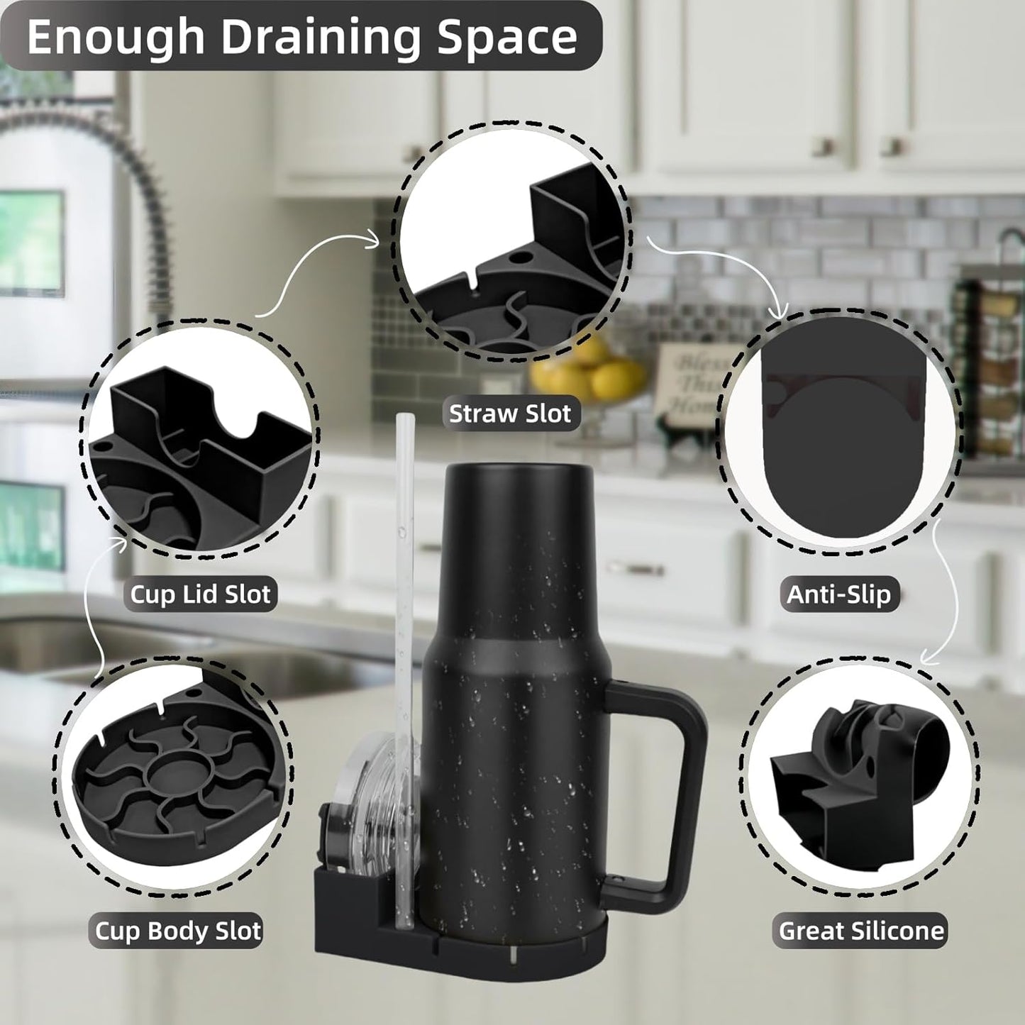Silicone Bottle Drying Rack for Stanley Cup, Space Saving Tumbler Drying Rack for Water Bottles, Mugs, Glasses, Baby Bottles, Kitchen Accessories with Multifunction Brush(Black)