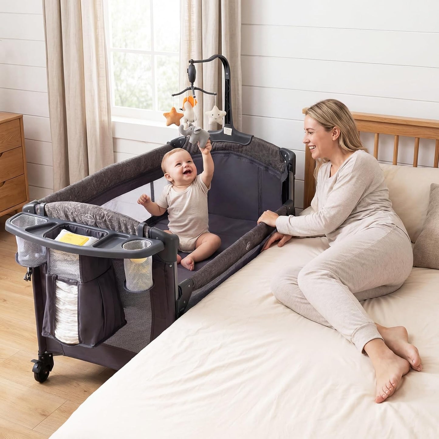 INFANS 4 in 1 Baby Bassinet, Converts Pack and Play to Portable Bedside Crib Sleeper with Diaper Changer, Mattress, Carry Bag, Music Box, Hanging Toys for Infants Toddlers (Black)