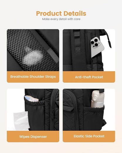 LOVEVOOK Diaper Bag Backpack, Large Baby Bag for Girl Boy with Changing Pad, Diaper Backpack for Mom Dad with Stroller Buckles, Black