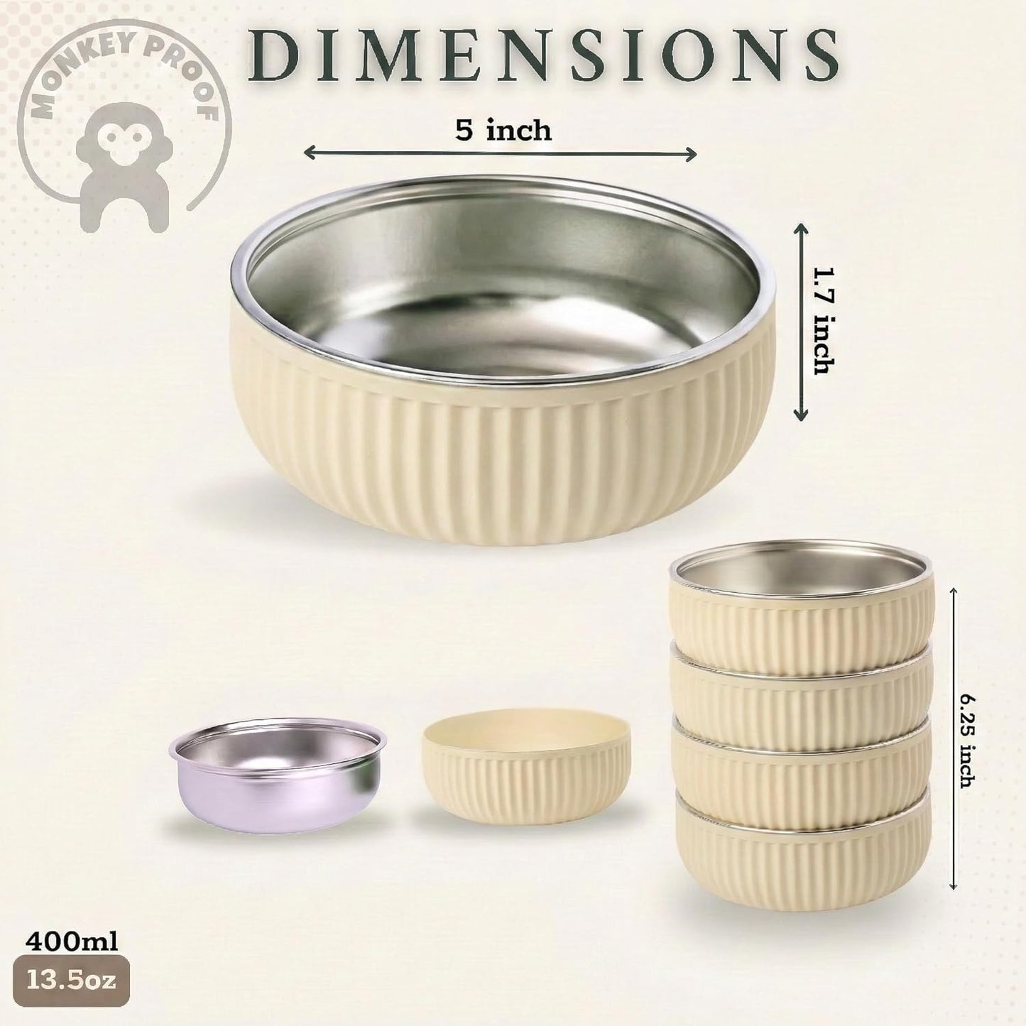 Monkey Proof™ Non-Toxic Stainless Steel Child Bowl 5” with Non-Slip Grooved Silicone Shell, (Set of 4 bowls) Unbreakable, Mess Free Feeding for Babies, Toddlers, Kids, BPA free (Stormy Sky Grooved)