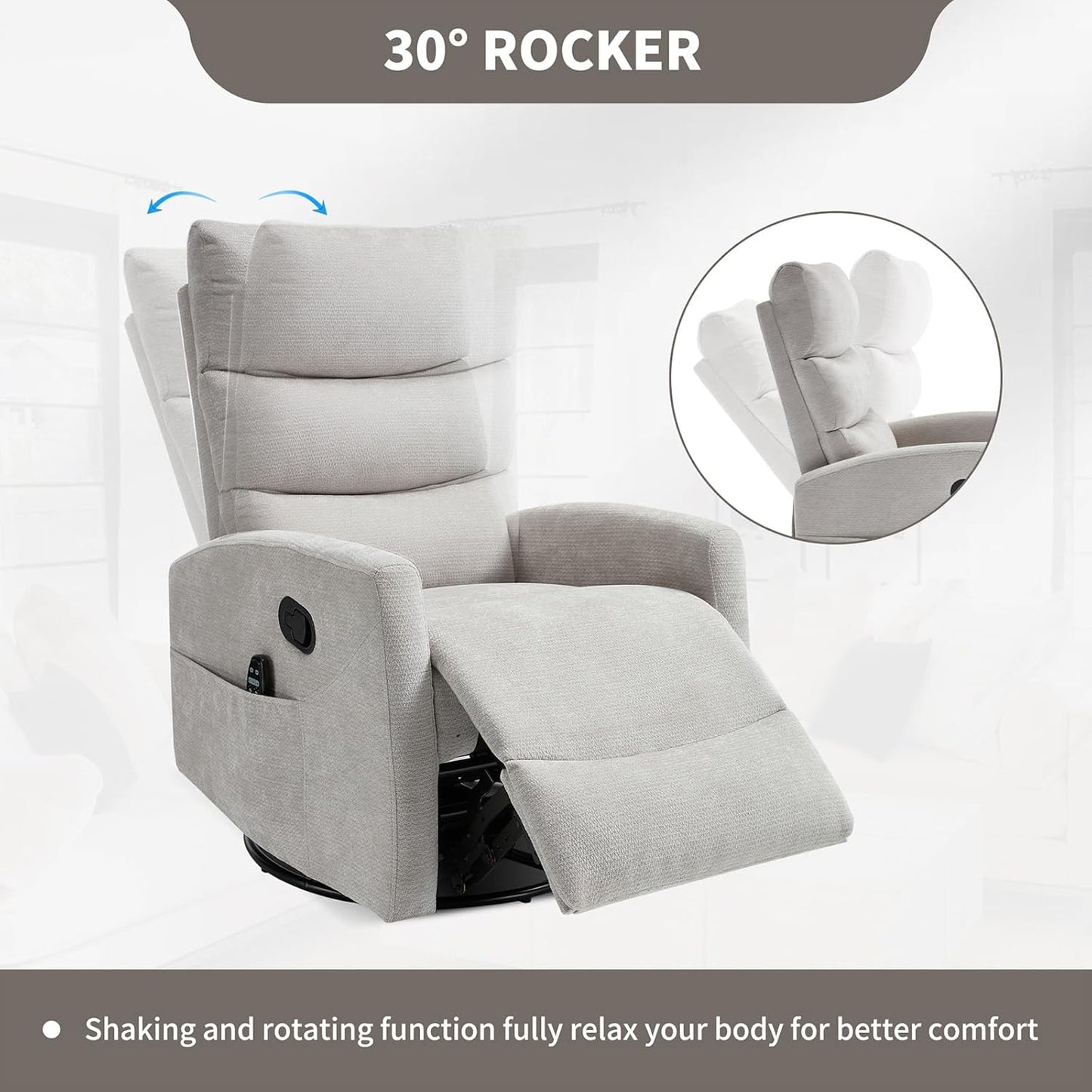 Massage Chair Recliner with Heat, Swivel Rocking Chair Recliner with High Back, Manual Nursery Recliners for Adults,Small Recliner Chair for Small Spaces, Living Room Bedroom, Fabric (Blue Green)