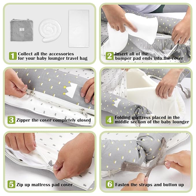 Baby Lounger for Newborns & Infants 0–24 Months, 100% Cotton Breathable Infant Support Cushion with Adjustable Size, Portable Baby Nest for Home and Travel, Baby Shower Gift(Crown Grey)